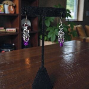 Aluminum Silver and Purple Chainmail Dangle Earrings